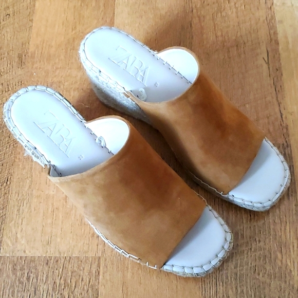 Zara camel brown‎ suede wedge sandals - Picture 2 of 8